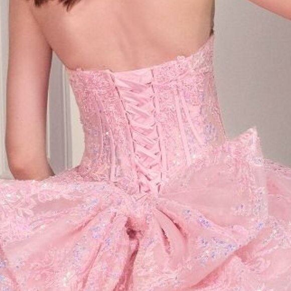 New Pink Strapless Layered Quinceanera Tulle Gown w/ Sequins Embroidery CD 15732 - Picture 8 of 10